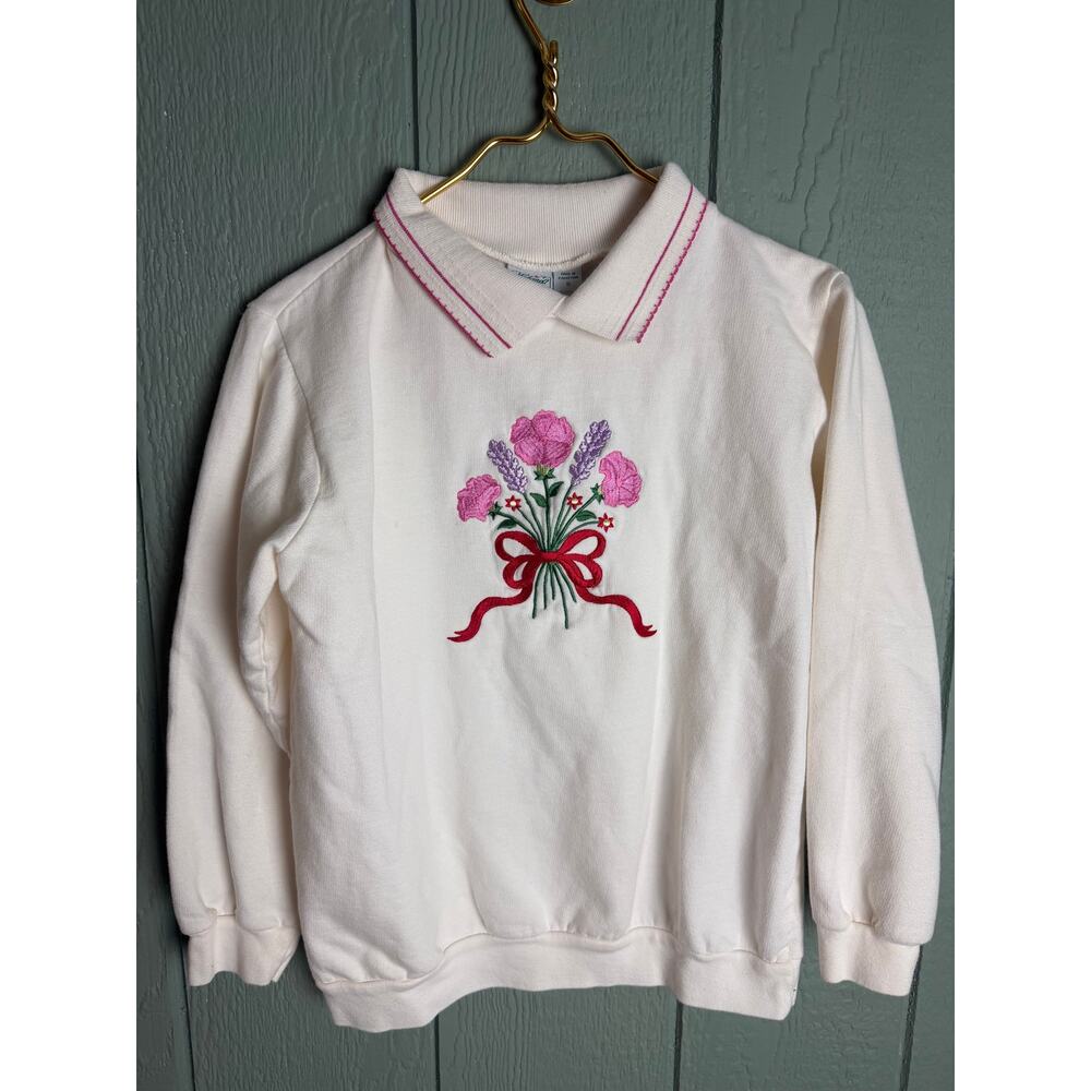 Vintage 90s Embroidered Floral Sweatshirt Collared Pullover Pink Cream Small